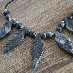 Vtg Carved Stone Leaf Necklace